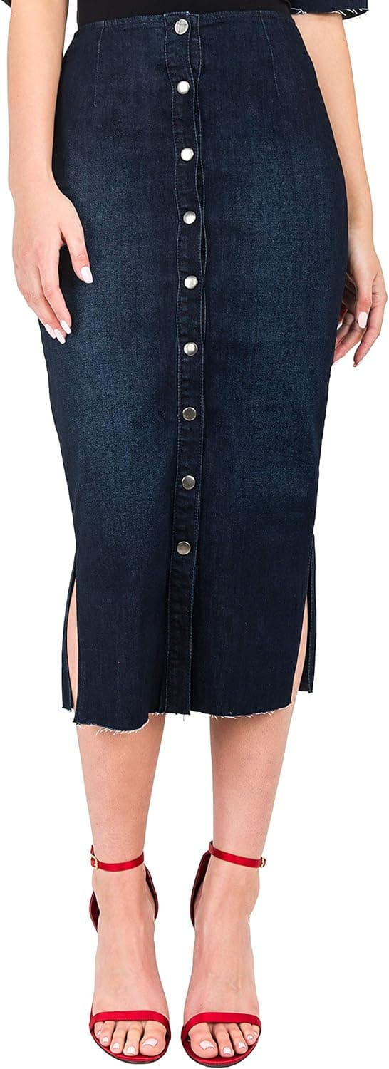Standards & Practices Modern Women's Snap Button Frayed Hem Midi Pencil Skirt
