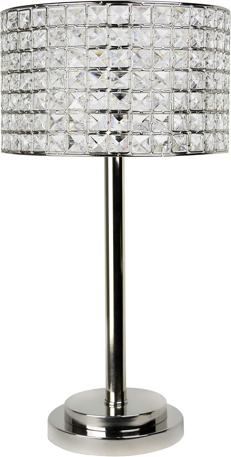 Grandview Gallery 25.75" Polished Nickel Modern Glam Table Lamp with Faceted Genuine Crystal Beaded Metal Drum Shade and Tiered Round Base - Bling Lighting for The Bedroom, Living Room, and Office