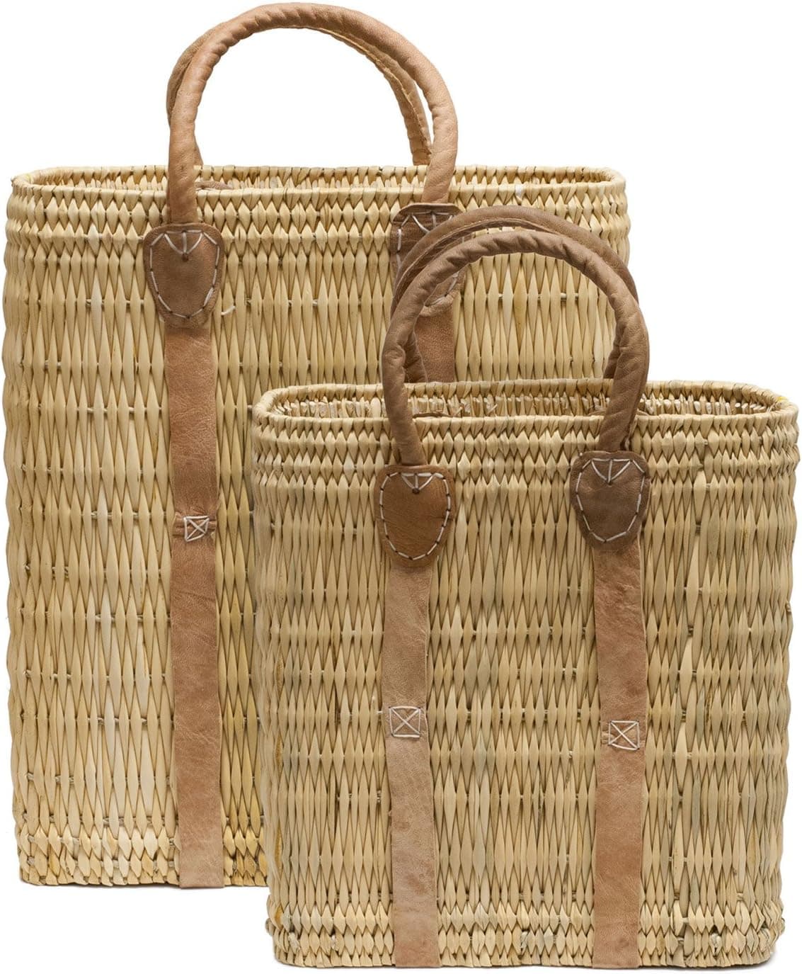 Moroccan Straw Shopping Bags w/Leather Handles, 14.5"Lx8"Wx16"H - Tailgate Set