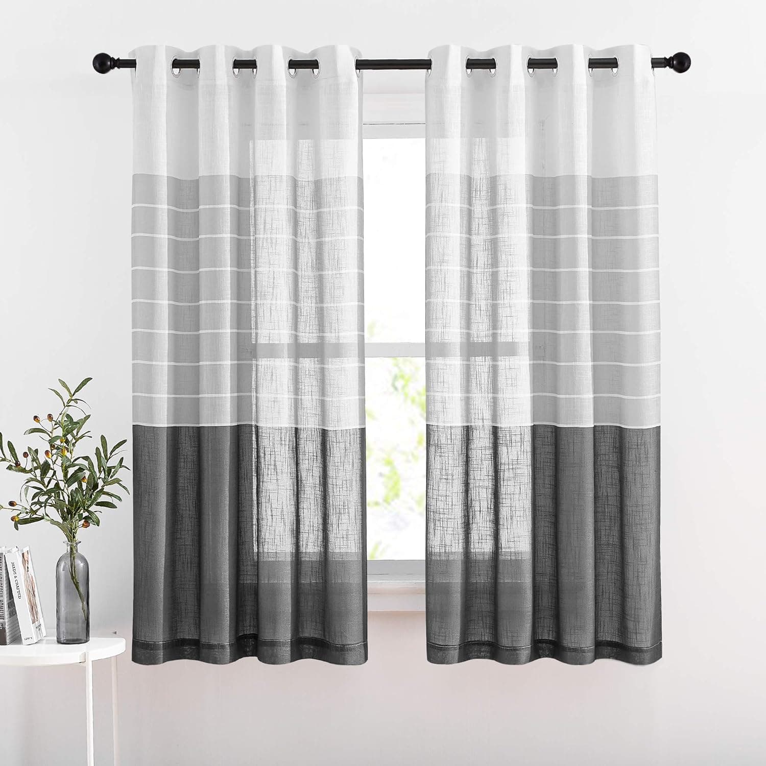 NICETOWN Semi Sheer Curtains 63 inch Length for Bedroom, Grommet Light & Dark Grey Hit Color Stripes Modern Window Treatment Privacy Sheer Drapes for Living Room, 2 PCs=100" Wide