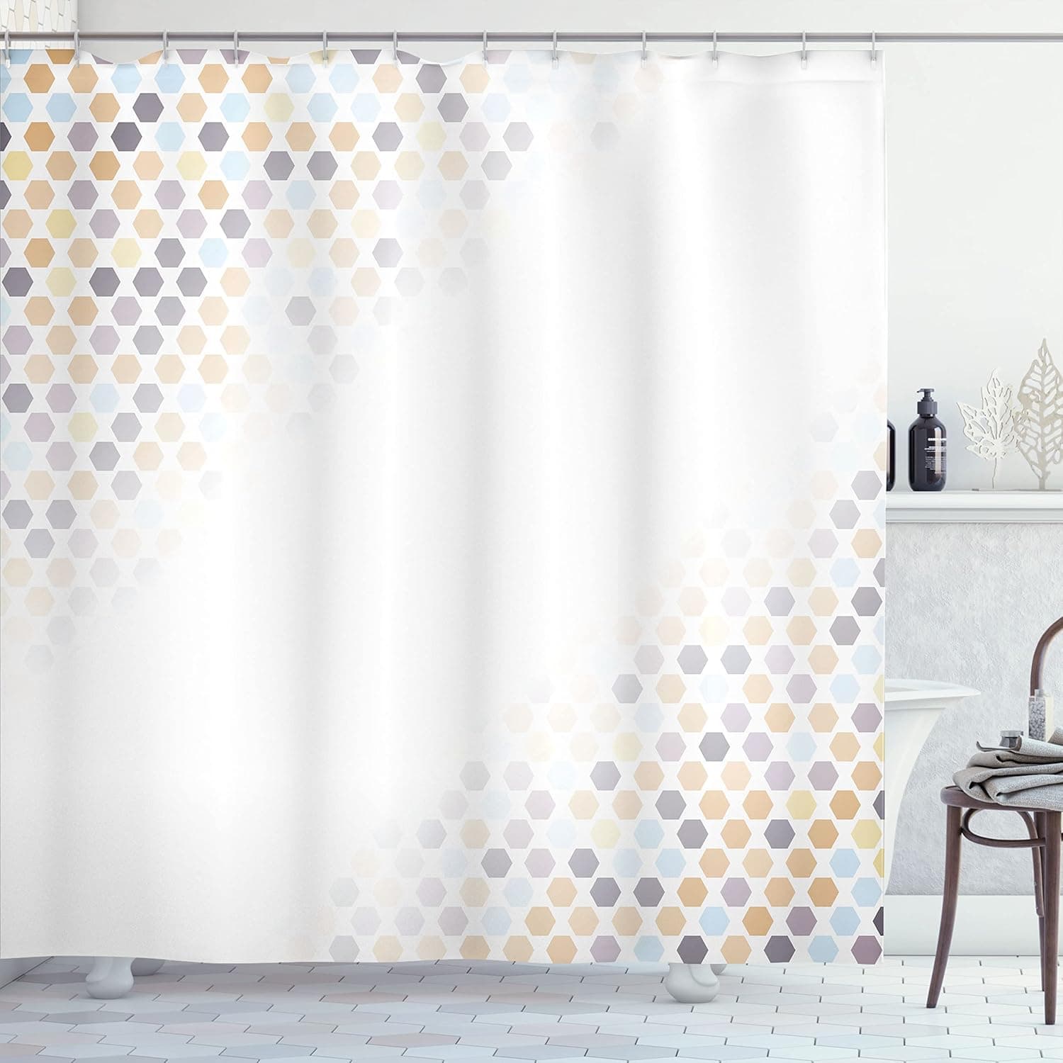 Ambesonne Abstract Shower Curtain, Beam Shape with Geometric 6 Cornered Mosaic Style Futuristic Illustration, Cloth Fabric Bathroom Decor Set with Hooks, 69" W x 70" L, Almond Champagne