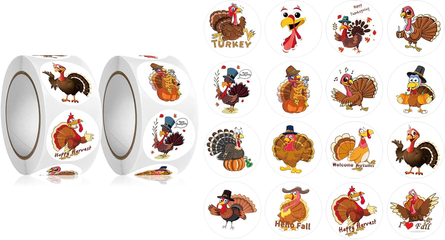 Thanksgiving Turkey Stickers Rolls 16 Faces 1.5x1.5 inche Autumn Fall Stickers for Art Crafts Scrapbooking Toys Gifts Kids Party Favors Seasonal Decor Decorations Decals - 1,000 Pieces Self Adhesive Stickers