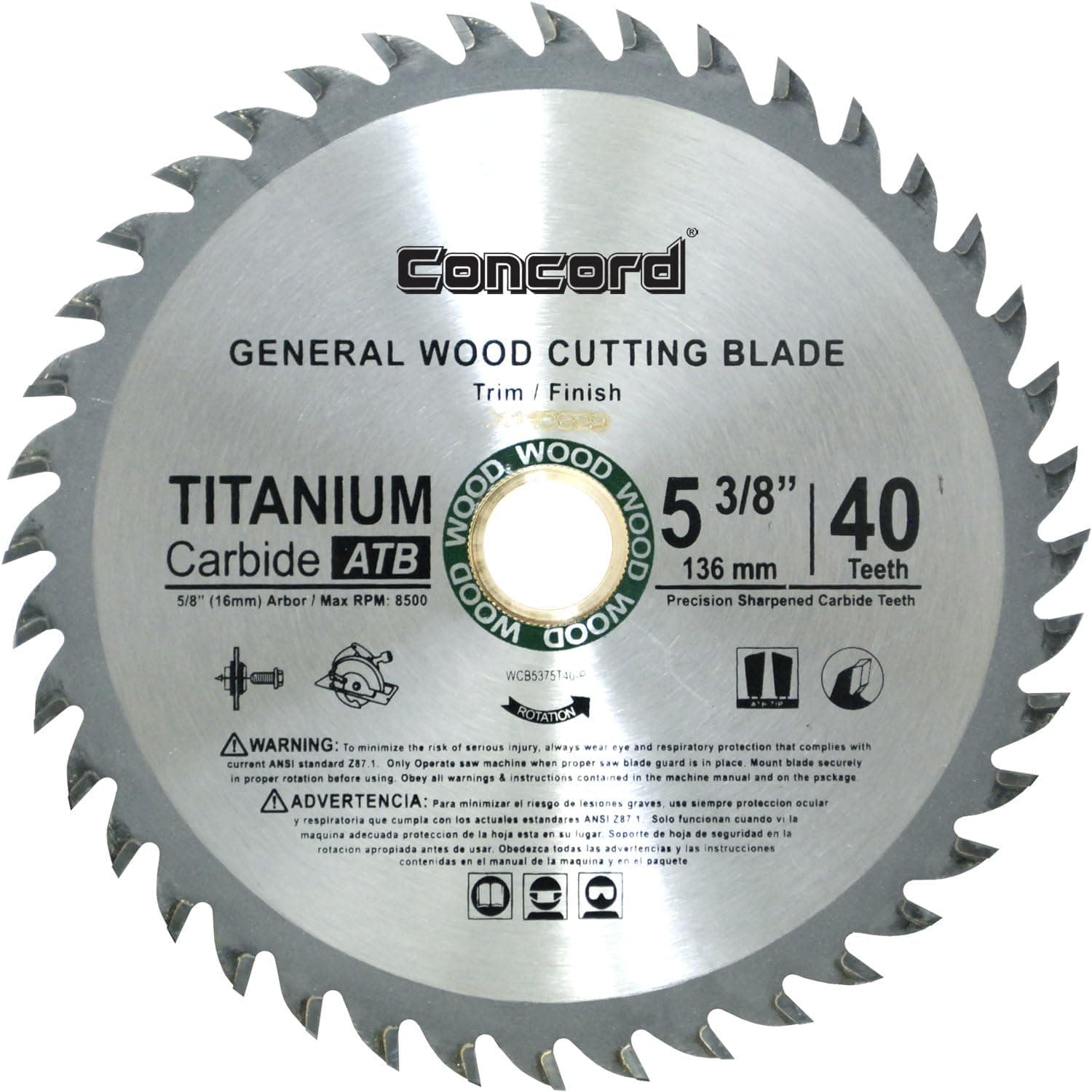 Concord Blades WCB5375T40-P TCT General Purpose 5-3/8-Inch 40 Teeth Hard and Soft Wood Saw Blade with 5/8-Inch -20mm Arbor