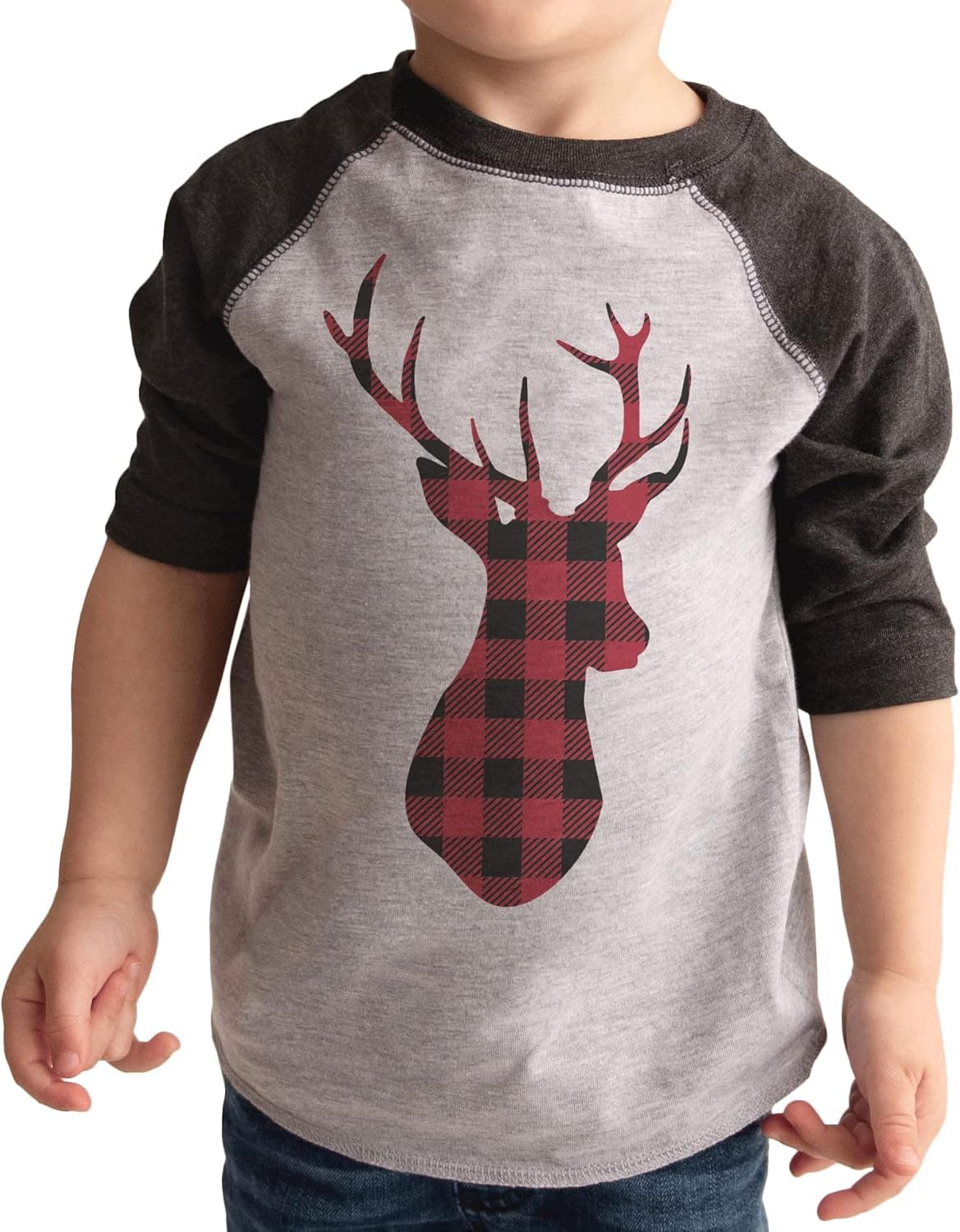 7 ate 9 Apparel Kids Christmas Plaid Deer Raglan Tee Shirt Grey