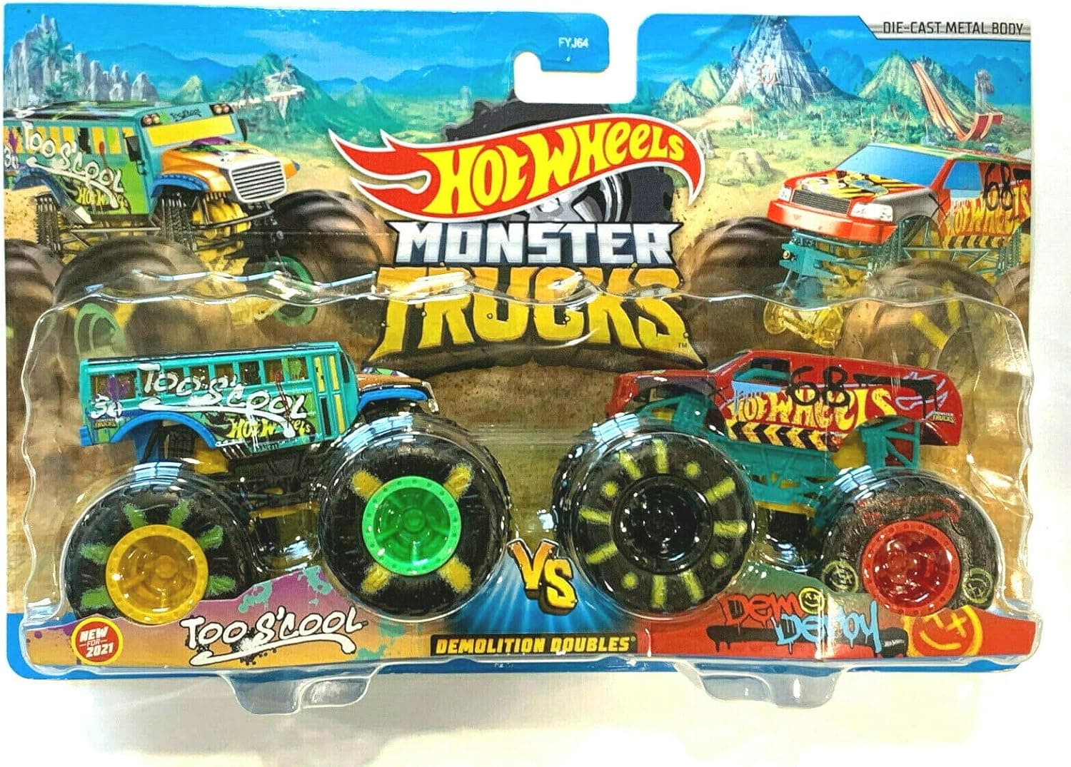 DieCast Hotwheels Monster Trucks Demolition Doubles [Too S'Cool vs Demo Derby] 1:64 Scale 2-Pack