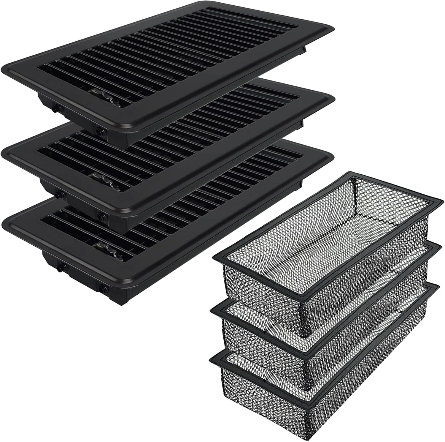 Floor Register 3-Pack 4" x 10" (Duct Opening Size) Easy Adjust Vent Deflector Metal Reinforced Weld (Black)
