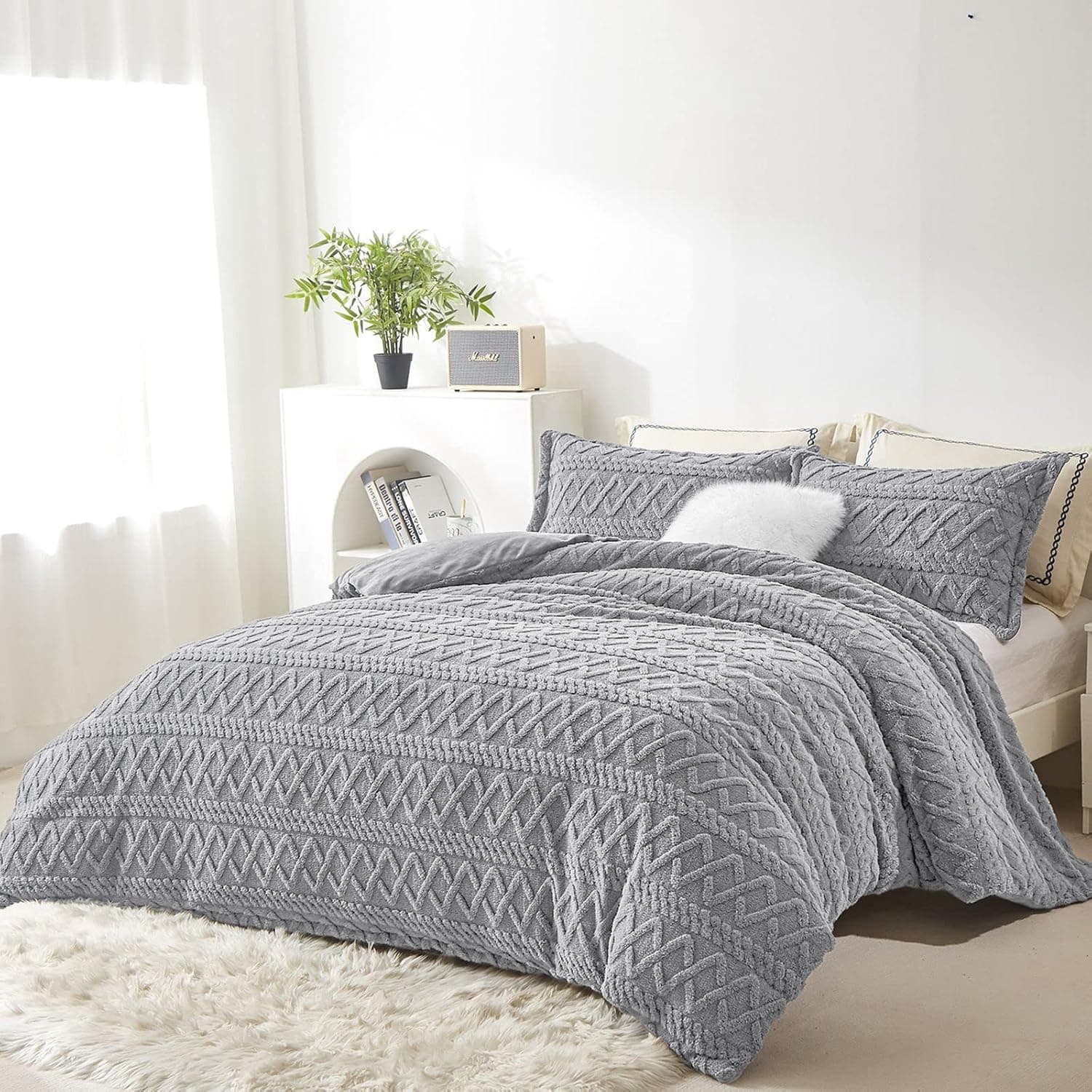 Gray Plush Tufted Duvet Cover Queen Fluffy Boho Shabby Chic Bedding Set Winter Flannel Textured Comforter Cover for Winter (1 Duvet Cover + 2 Pillowcases) with Corner Ties