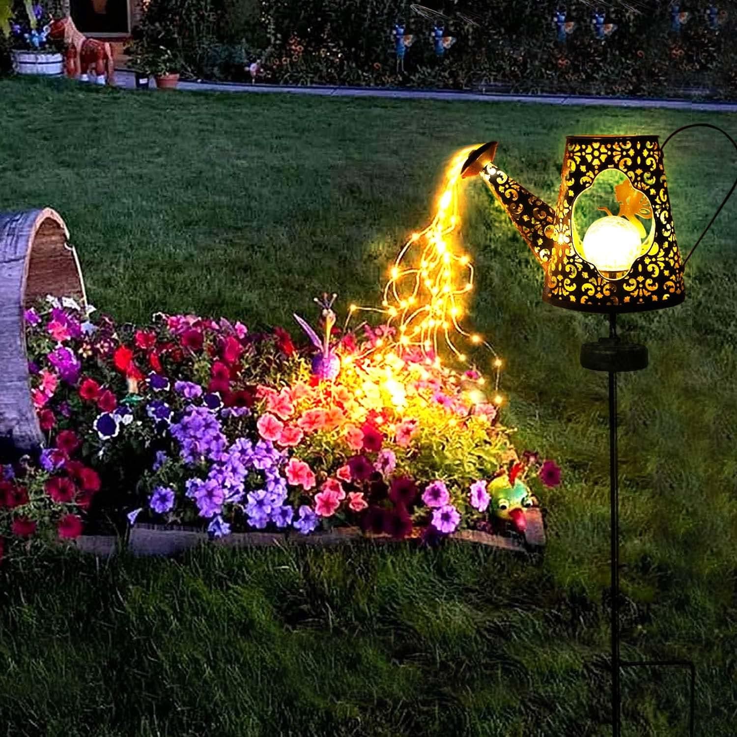 Morestar Solar Watering Can Lights Outdoor Garden Decoration,Solar Fairy Decorative Lights Stakes Crackle Globe with Angel,WaterproofSolar Waterfall Lights Gift for Mom Grandmom for Patio Yard Decor