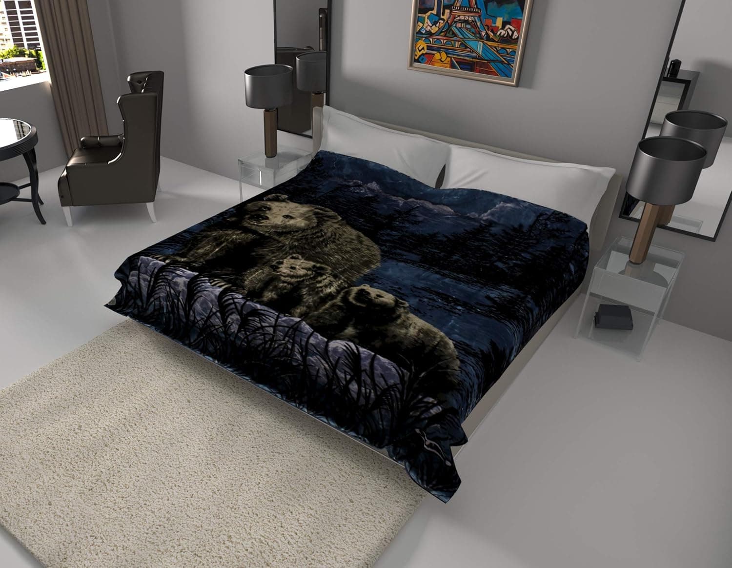 SOLARON Korean Super Thick Heavy Weight Mink Blanket (King, Bear and Cubs Blue)