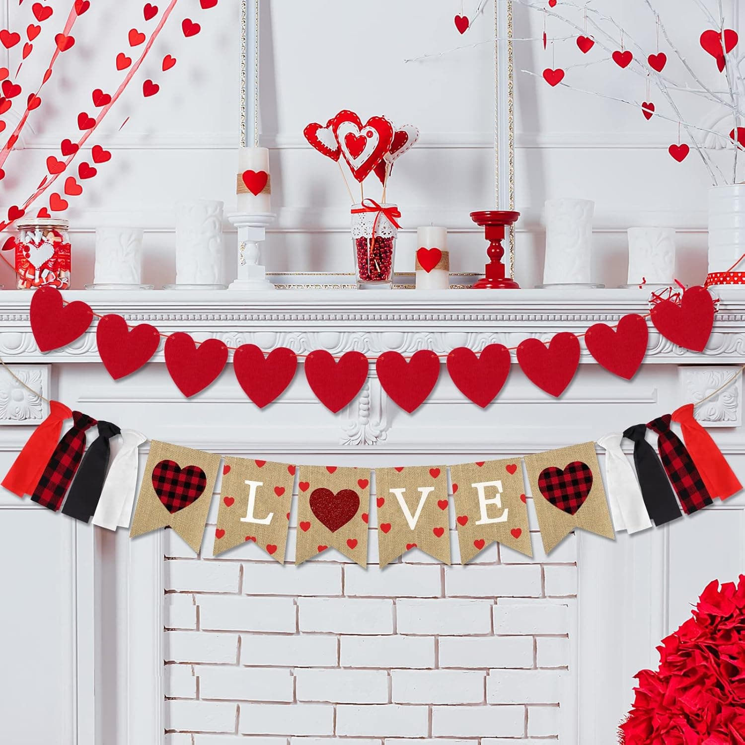 ADXCO Valentine's Day Heart Garland Banner Set Valentine Hanging Hearts Decorations Red Felt Heart Banner Romantic Valentines Decorations for Anniversary Wedding Engagement Home Party