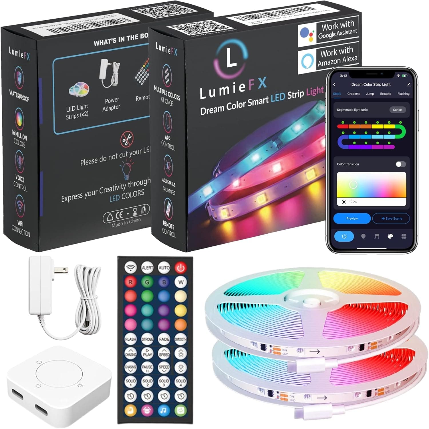 LumieFX 32.8ft RGBIC LED Strip Lights – Smart Waterproof Lightstrip with WiFi - Multiple Color Light Control via Wireless App, Remote, Hub, or Voice - Compatible with Amazon Alexa and Google Home