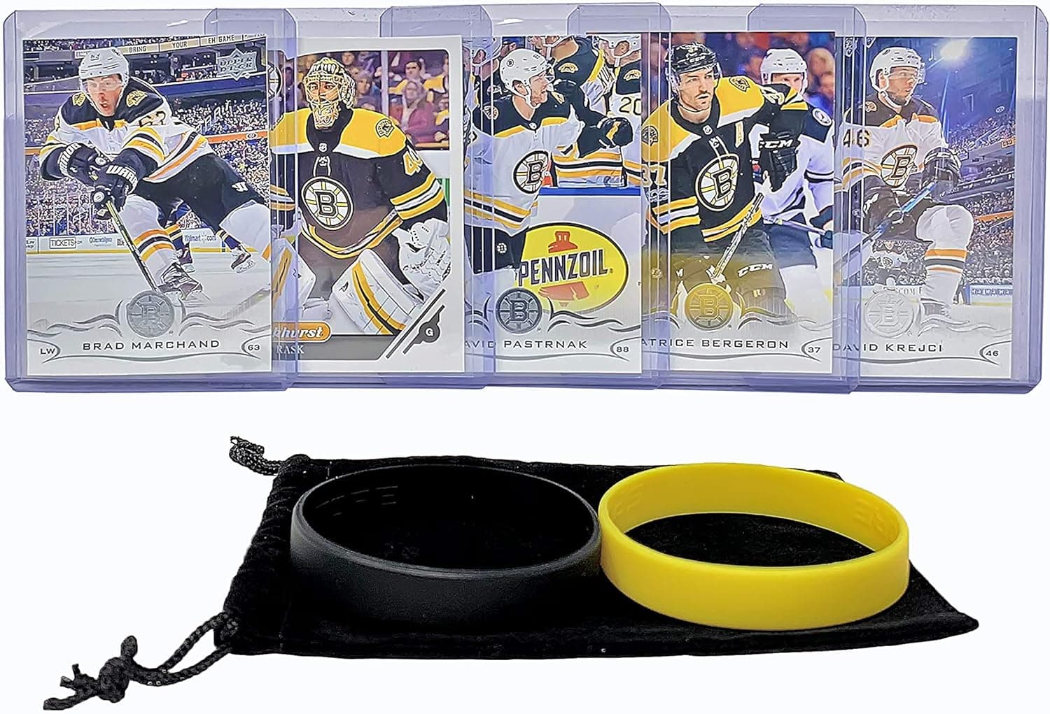Boston Bruins Cards: Brad Marchand, David Pastrnak, Patrice Bergeron, David Krejci, Tuukka Rask Assorted Hockey Trading Card and Wristbands Bundle