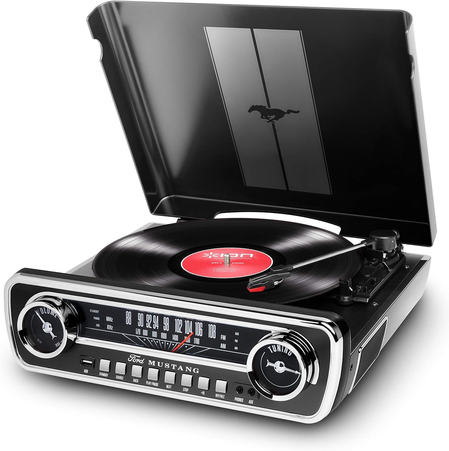 ION Audio Mustang LP-Vinyl Record Player/Turntable with Built In Speakers, Radio, USB playback, Aux input and Replacement Stylus – Black Finish w