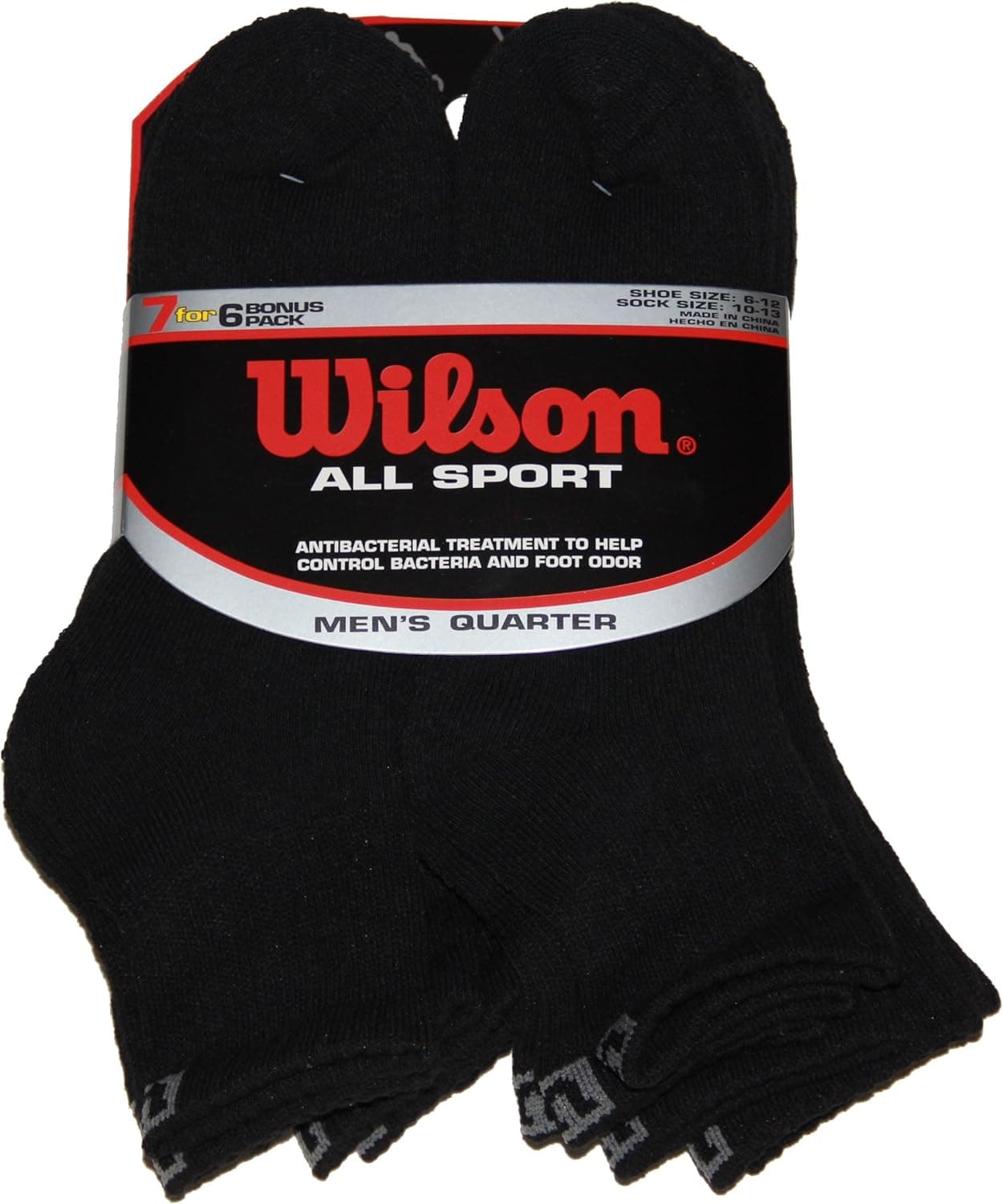 Wilson All Sport Men's Quarter Socks, Black, 7 Pair Pack, Mens Shoe Size 6-12