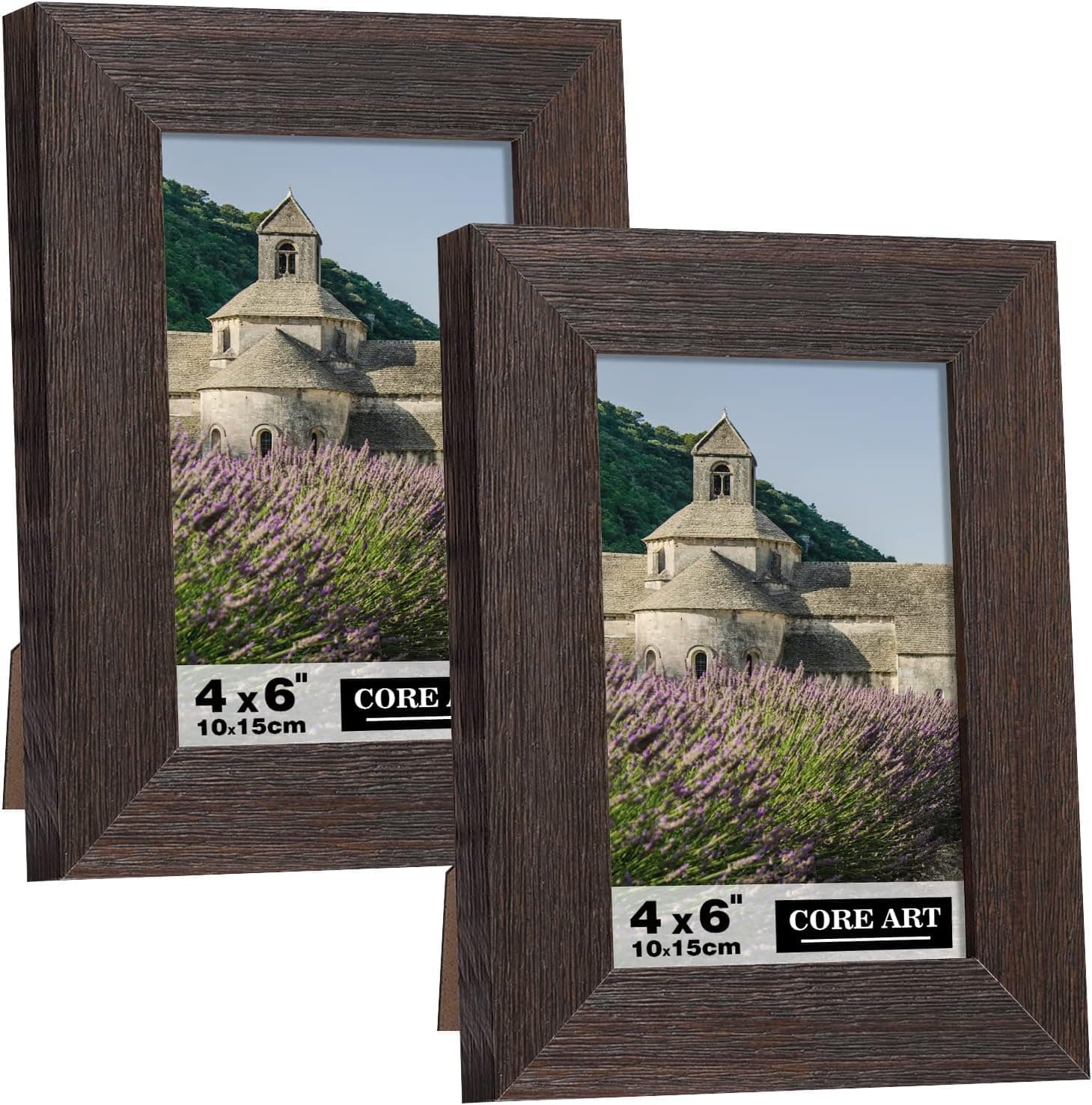 CORE ART 4x6 Picture Frame, Handmade Wood Rustic Brown Photo Frame Set of 2, High Definition Semi-tempered Glass Wall or Tabletop Display