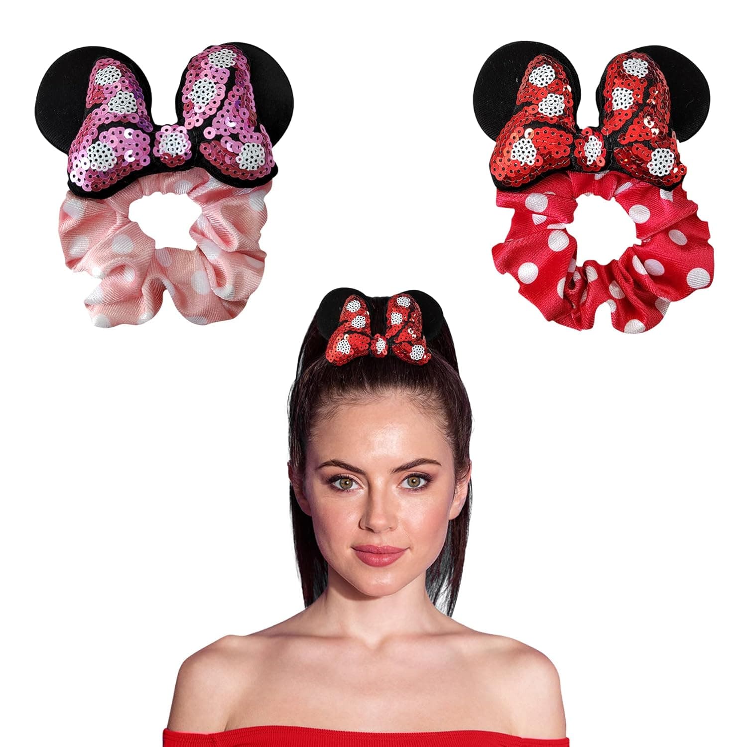Styla Hair 2pk Mouse Ear Scrunchies for Kids Velvet Hair Bow Scrunchies for Women - Sparkle Sequins Mouse Hair Bands for Pony Tail (Pink Red)