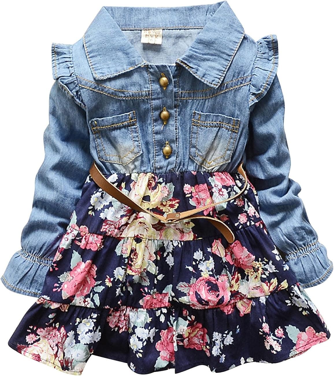 DD-CM Baby Girls' Long Sleeve Flower Denim Pleated Princess Dress