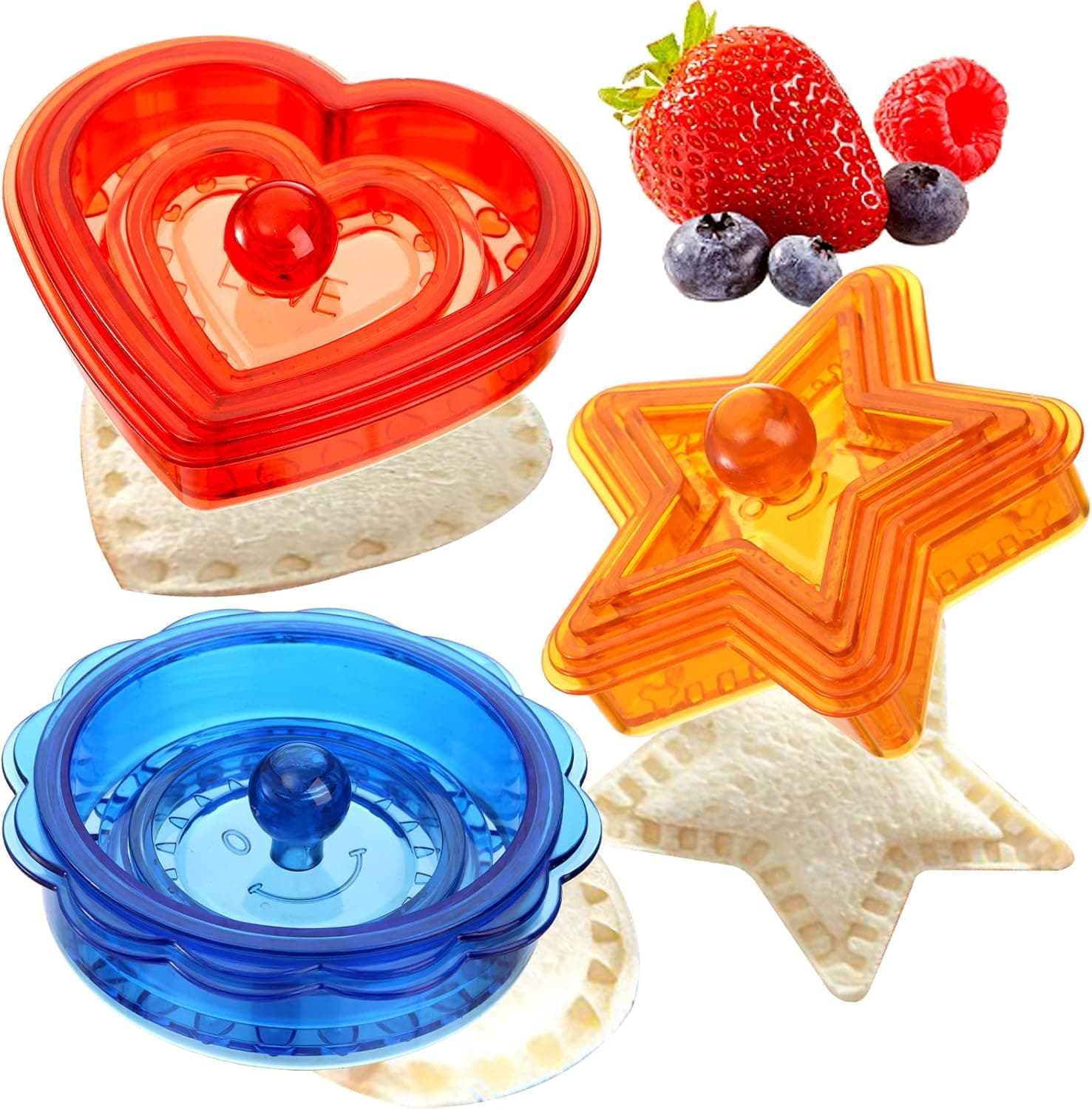 Hacaroa 3 Pack Sandwich Cutter and Sealer for Kids, 5 in 1 Uncrustable Sandwich Maker DIY Pancake Cookie Cutter, Bread Decruster Vegetable Cutter for Kids Breakfast/Lunch, Bento Box, One Pack 5 Pieces