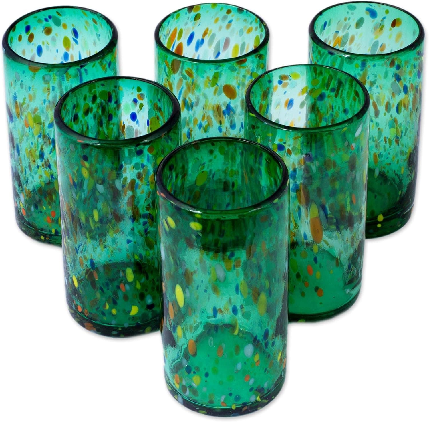 NOVICA Hand Blown Green Eco-Friendly Glass Tumbler, 16 oz. 'Lemon Rainbow Raindrops' (set of 6)