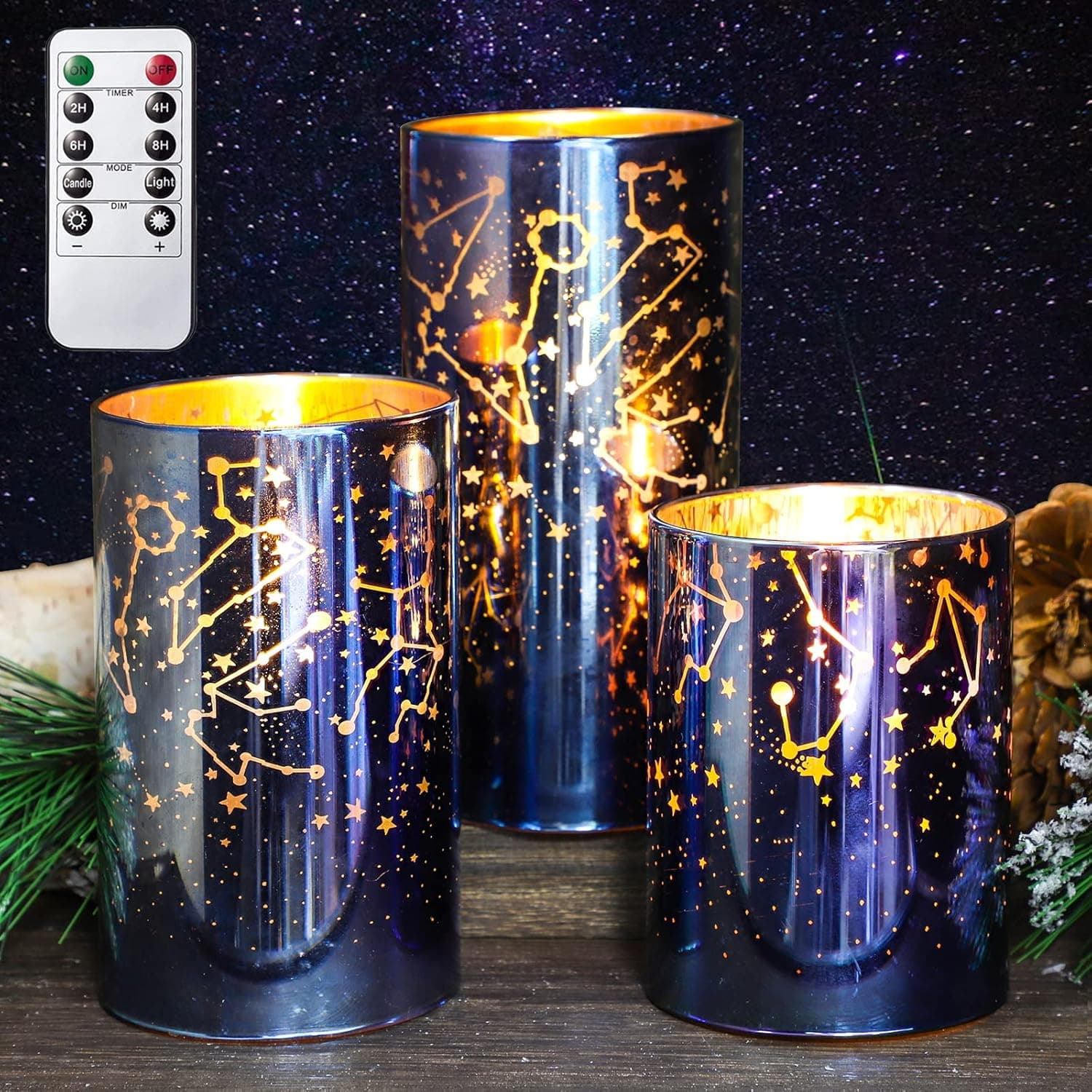 Immeiscent Thanksgiving Flameless Candles,Starry Sky Mercury Glass Candle, Battery Candle with Timer & Remote, Realistic Pillar Candle for Christmas Party,Home Decor,Holiday, Set of 3