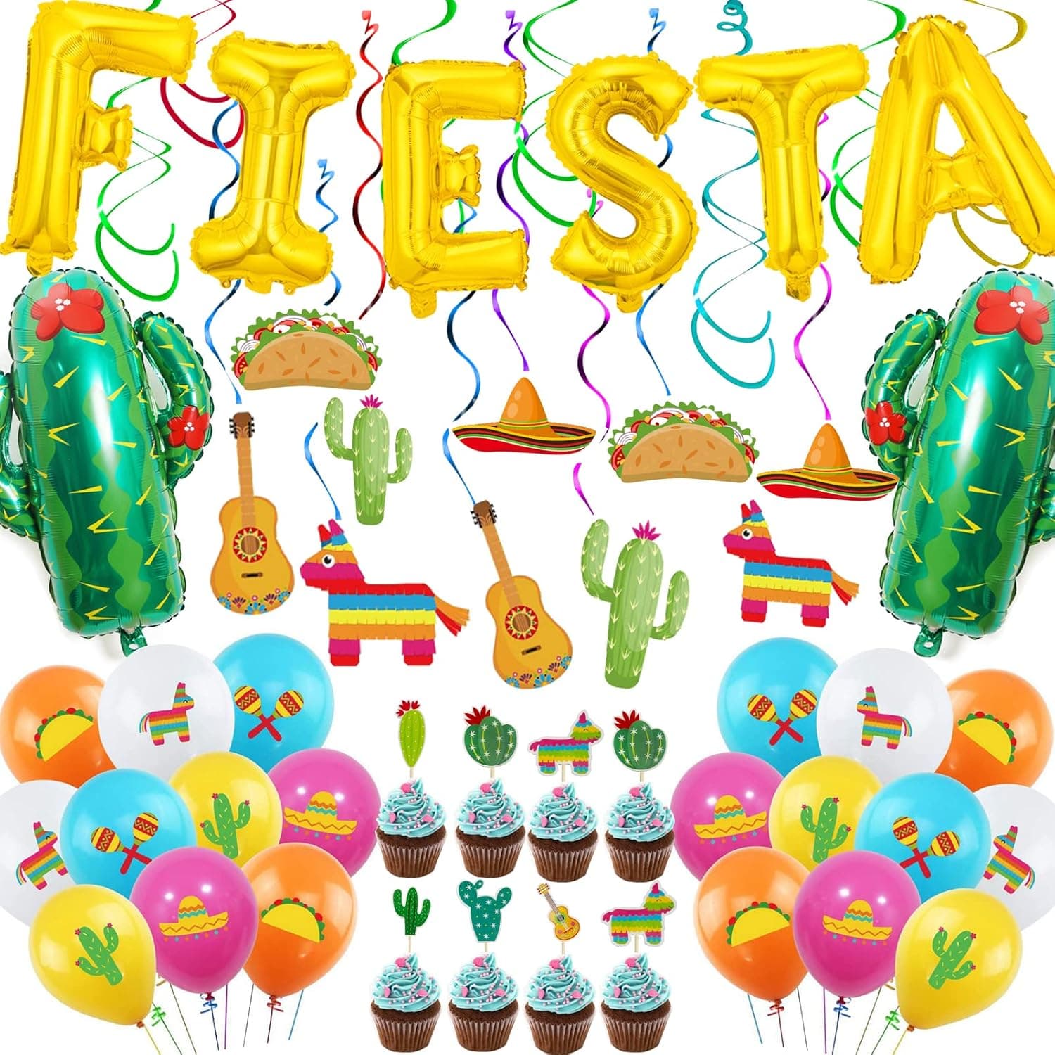 FMOACEN FIESTA Party Decorations Set, Mexican Happy Birthday Banner, Hanging Swirls, Guitar Cactus Decors, Taco Bout A Party Decor For Luau Cinco De Mayo Themed Supplies for Kids Celebration Party