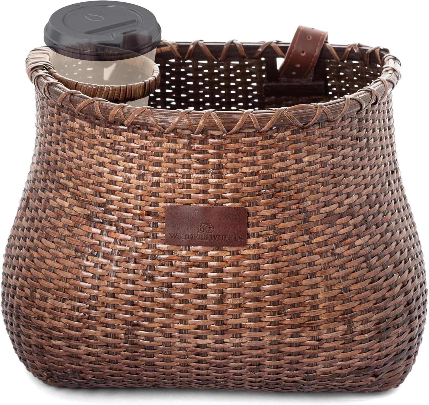 Warners Wheels Bike Basket Front for Women's and Mens Cruiser with Coffee Cup Holder, Handmade Bicycle Basket for Adult Bikes mounts to Front Handlebars of Beach Cruisers