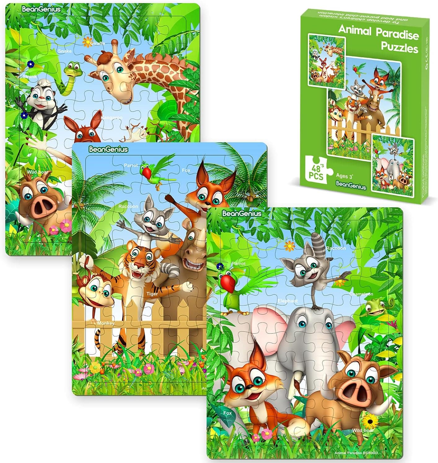 Puzzles for Kids Ages 4-8, 3 in 1 BeanGenius 48 Piece Toddler Puzzles Animal Paradise Puzzles for Kids, Jigsaw Puzzles Toys for Boys and Girls (3 Puzzles)