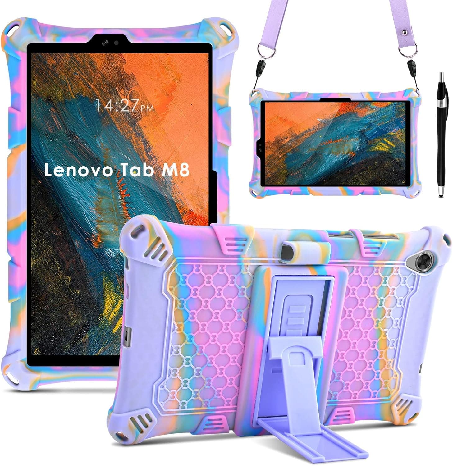 DETUOSI Silicone Case Compatible with Lenovo Tab M8 FHD 2020 TB-8705F/N, Tab M8 HD 2019 TB-8505F/X with Strap and Stylus Pen Kids Friendly Protective Cover for M8 3rd Gen TB-8506F, Rose Red & Purple