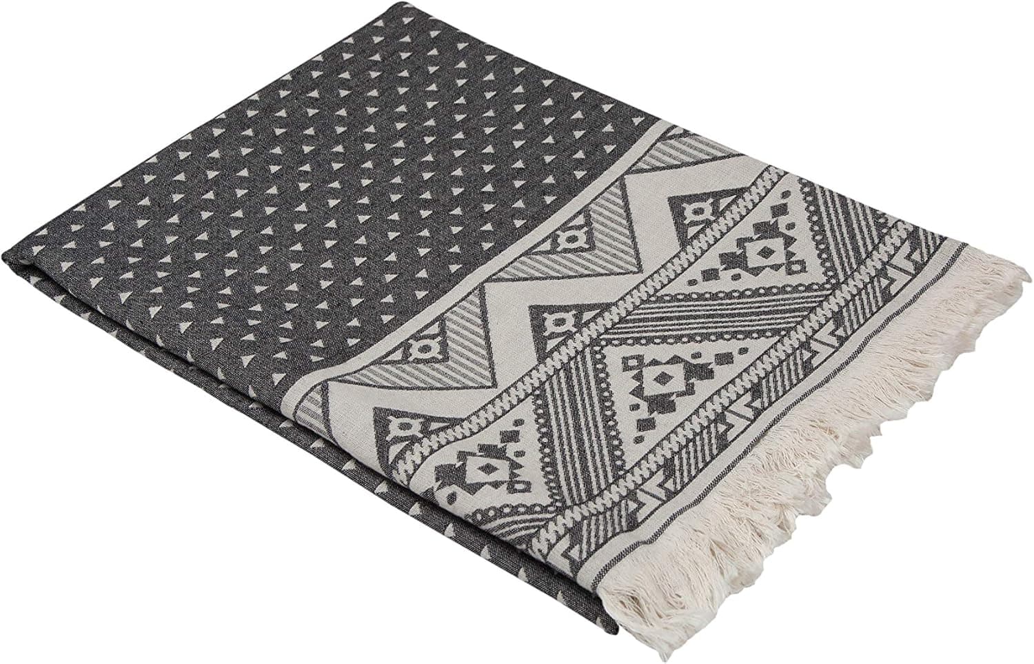 InfuseZen Thin Turkish Towel with Reversible Aztec Design, Decorative Peshtemal for The Bath or Beach, Fouta Hammam Towel with Inverse Colors on Backside, Triangle Geometric Pattern (Black White)