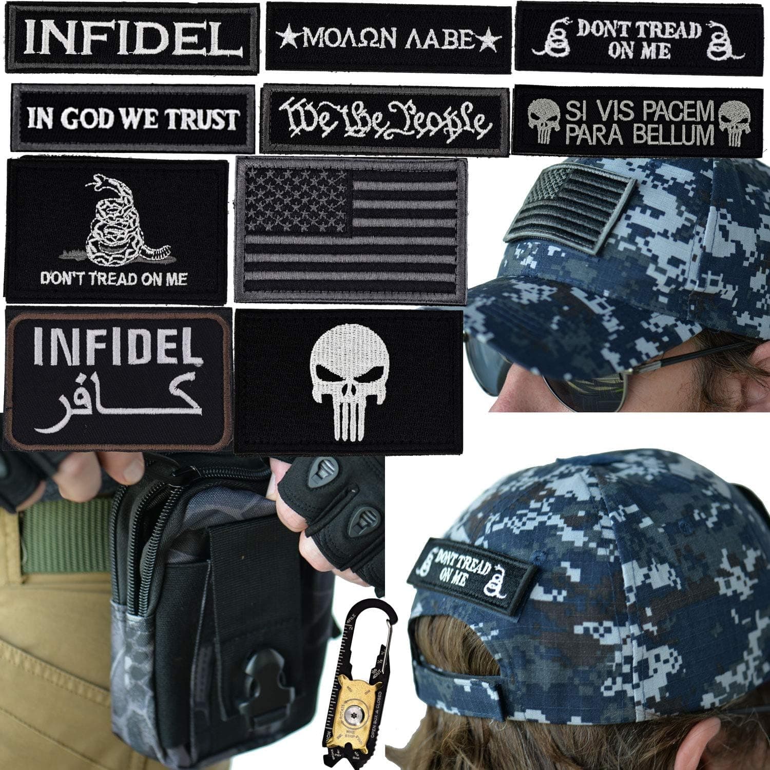 Military Tactical Hat Bundle: 20-in-1 Tool, Operator Cap with Embroidered Morale Patches (Velcro), and Pouch for Airsoft/Paintball - [U.S. Navy - NWU Digital Camo]