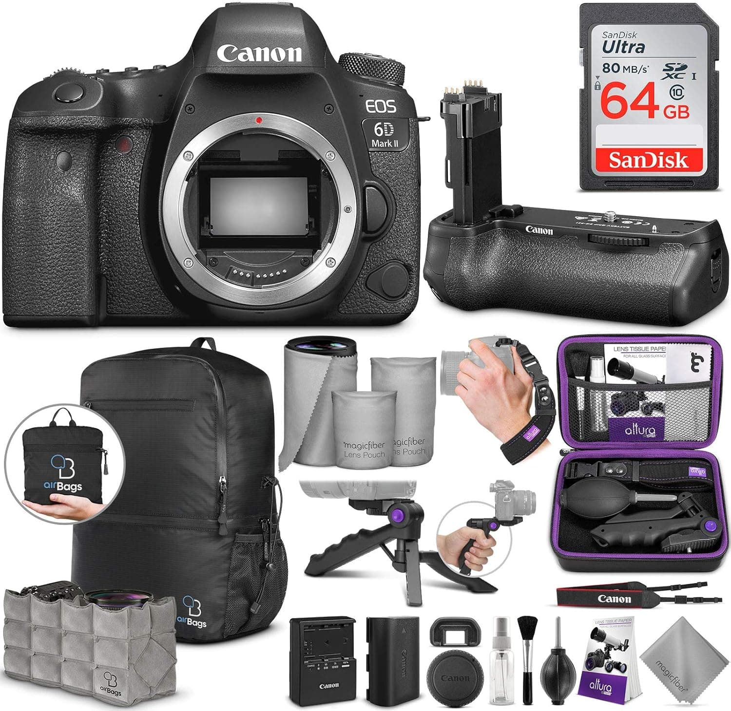 Canon EOS 6D Mark II DSLR Camera Body + Canon BG-E21 Battery Grip with Altura Photo Advanced Accessory and Travel Bundle