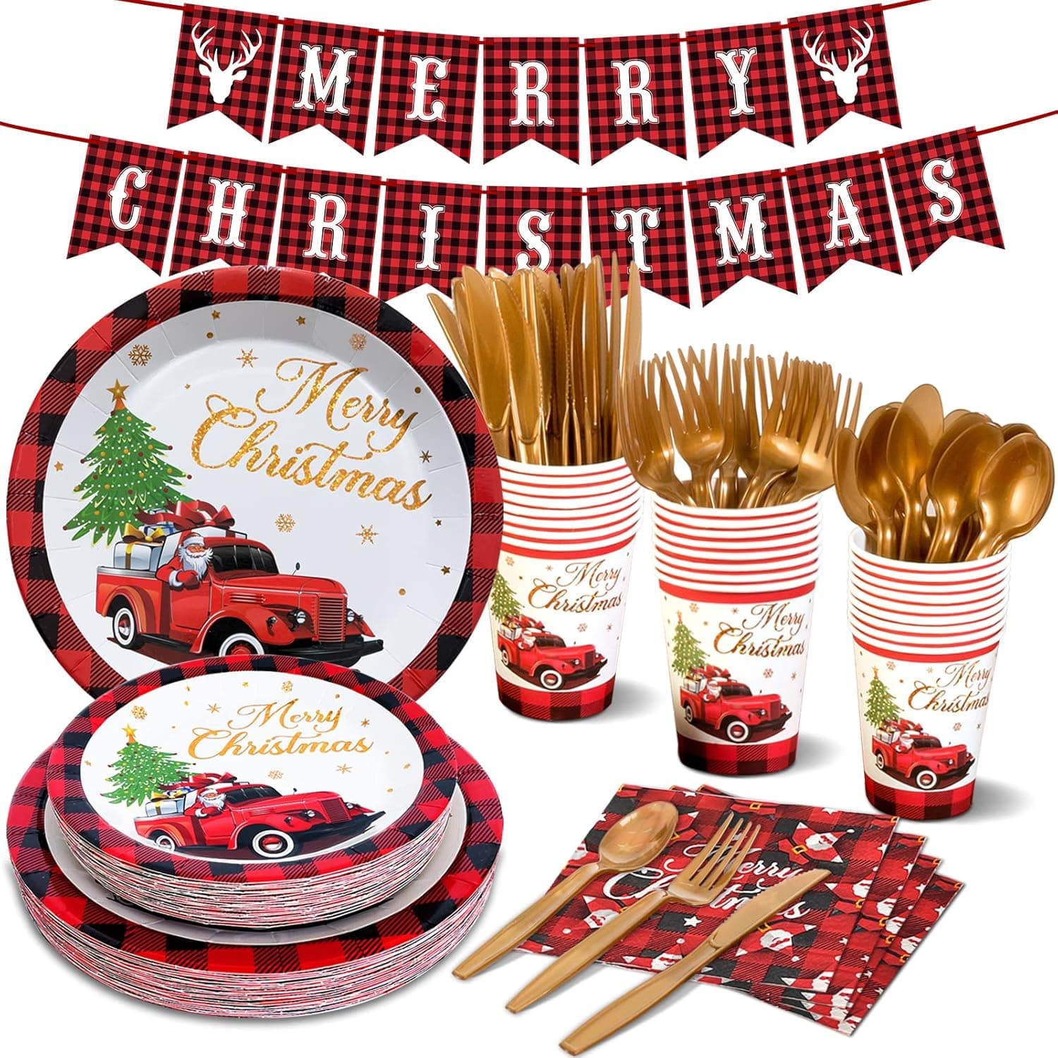 Christmas Party Supplies, Serves 24, Large Christmas Paper Plates, Buffalo Plaid Napkins, Christmas Banner, Party Cups and Utensils Included for Xmas or Holiday Party, Total 169PCS