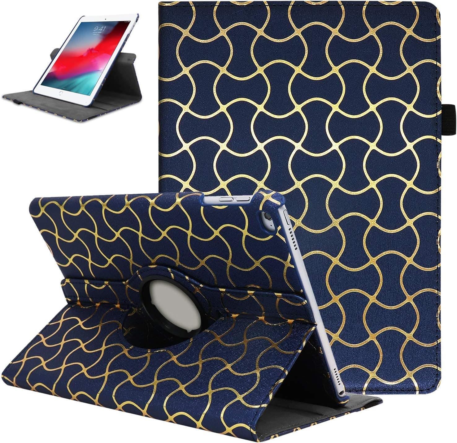 iPad 9.7 Case 2018 iPad 6th Generation Case / 2017 iPad 5th Generation Case,iPad Air/iPad Air2 Case - 360 Degree Rotating Stand Protective Cover with Auto Sleep/Wake (Gold Plated Grain-Mazarine)
