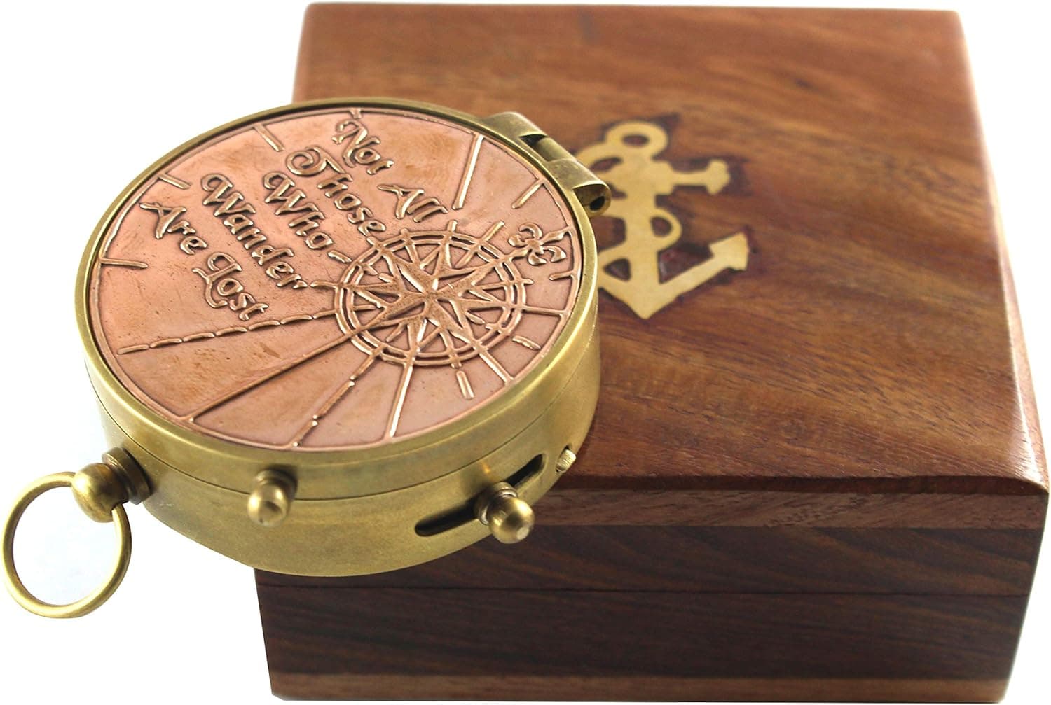an Authentic Quote Compass with Wooden Box - Magnetic Directional Copper Finish, Marine Brass Ship Xmas Gift