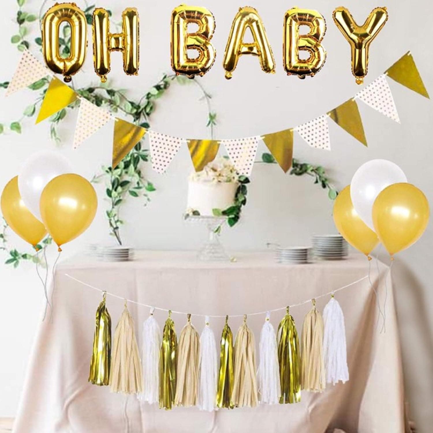 Baby Shower Decorations Gender Neutral , Oh Baby Balloon , Gold and White Balloons, White and Gold Banner, Gold and White Tassel Set , Gold and White Baby shower, Rustic Baby Shower Decorations