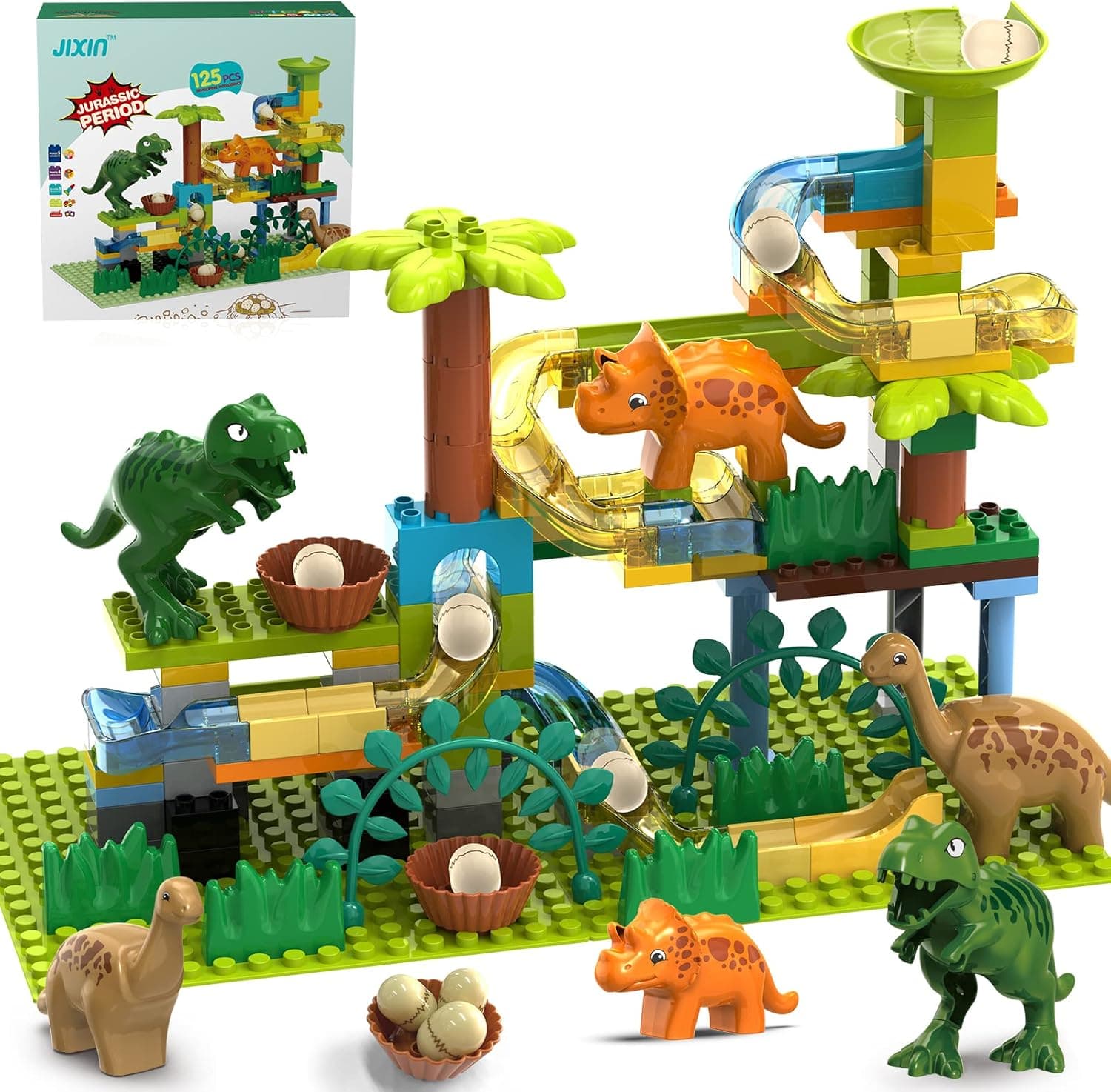 JIXIn Dinosaur Marble Run Building Blocks/Compatible with LEGO DUPLO/Dino Eggs Fun Marble Maze Blocks/125 PCS Classic Brick Building Toy Set for Preschool Kids/Gift Toy for Boys/Girls Age 3 4 5 6 7 8+