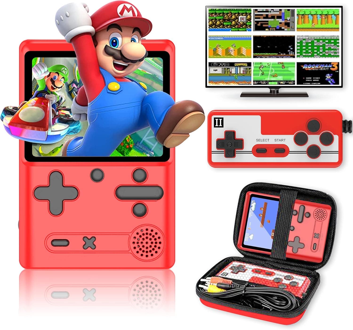 Retro Handheld Game Console with 500 Classical FC Games-3.0 Inches Screen Portable Video Game Consoles with Protective Shell-Handheld Video Games Support for Connecting TV & Two Players(Red)