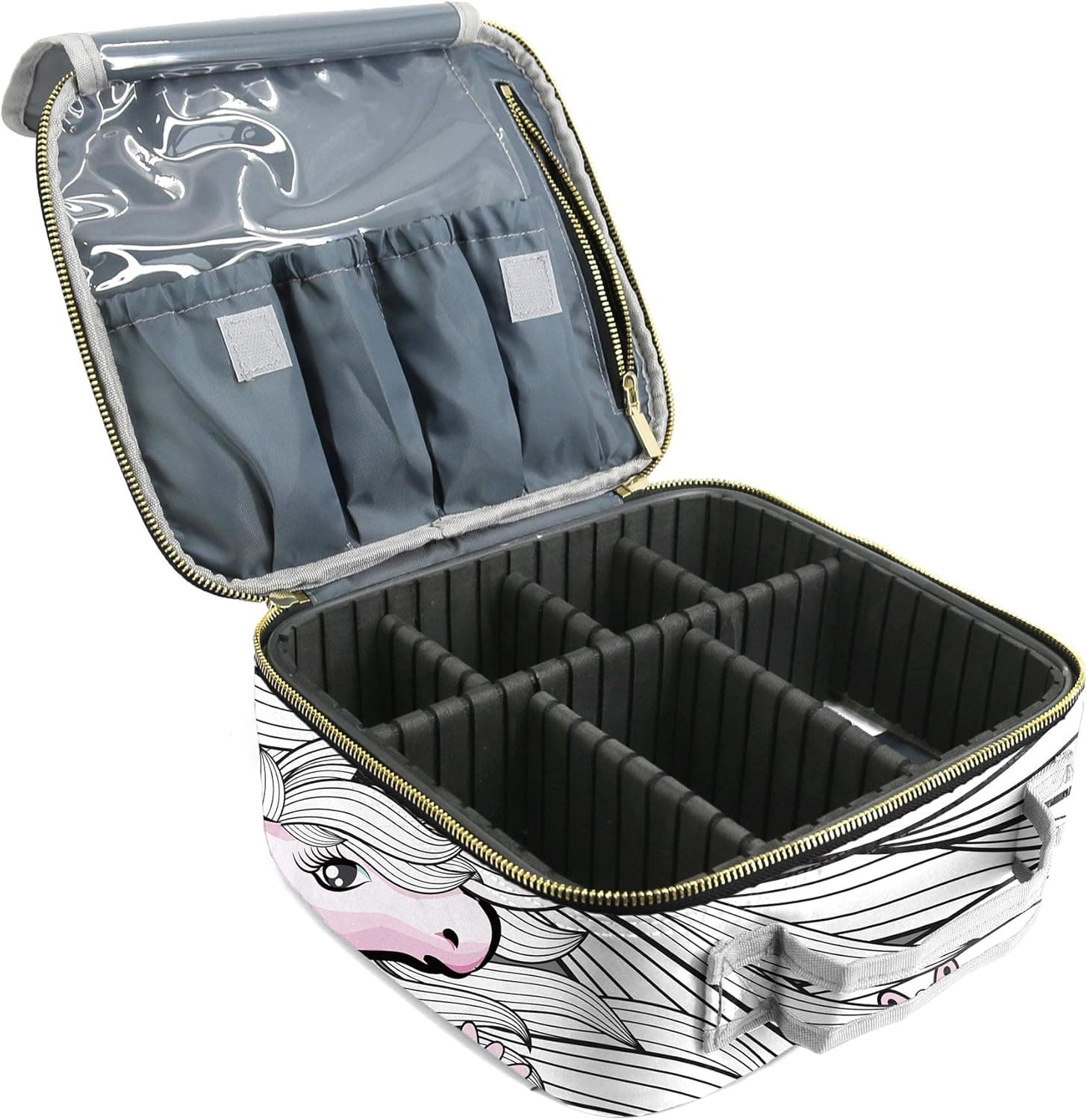 BeeGreen Makeup Bag with Brush Organizer Large Travel Cosmetic Storage Bag with Dividers Make up Case with Unicorn Patterns for Women and Girls