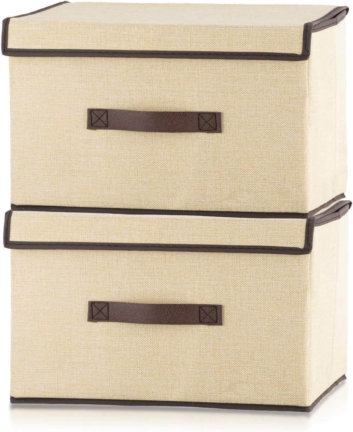 Foldable Storage Bins Linen Fabric with Lid and Handle for Home Bedroom Closet Set of 2