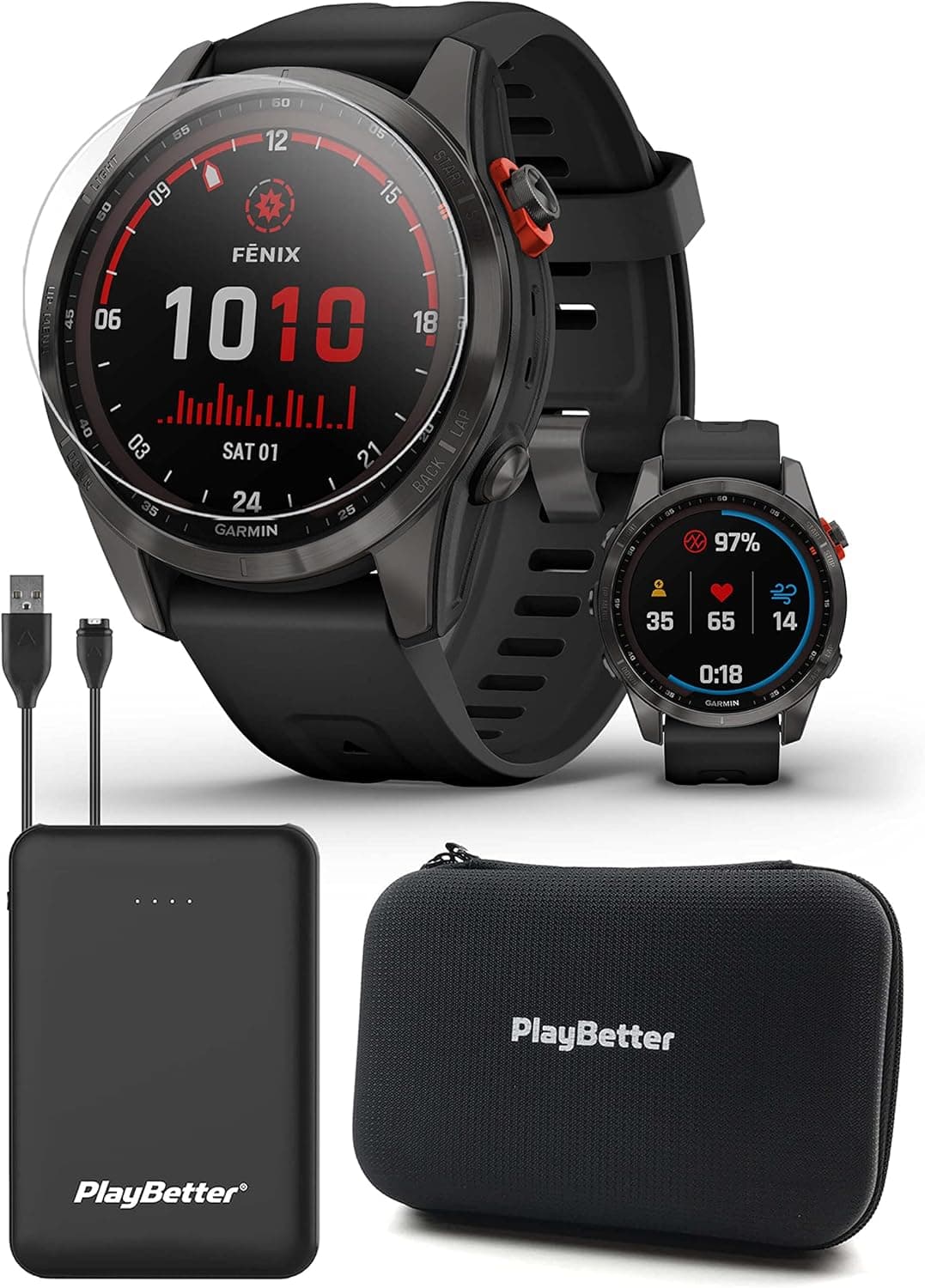 PlayBetter Garmin Fenix 7S Solar (Slate Gray/Black) Multisport GPS Watch | Power Bundle Tempered Glass Screens, Portable Charger, & Hard Case | 2022 Fitness Smartwatch for Women | Smaller Sized