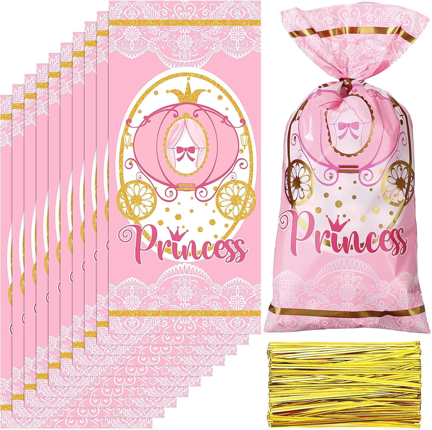 100 Pack Princess Party Favor Bags Princess Birthday Gift Bag Opp Plastic Princess Goodie Princess Treat Candy Bags with Gold Ribbon for Girls Princess Themed Party Supplies Favor Decoration
