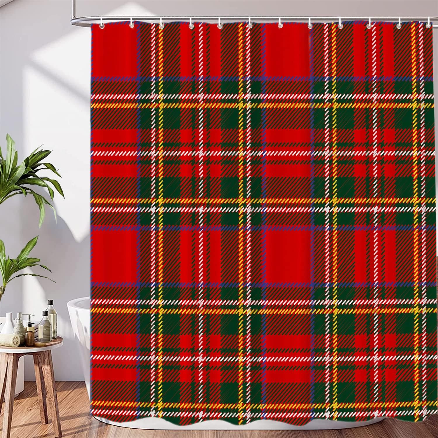 BaoNews Fashion Christmas Red Decorative Shower Curtain, Red Christmas Tartan Green Plaid Checkered Abstract BlackDecor Shower Curtain for Bathroom Resistant Waterpro of Standard Size 72x72 Inch