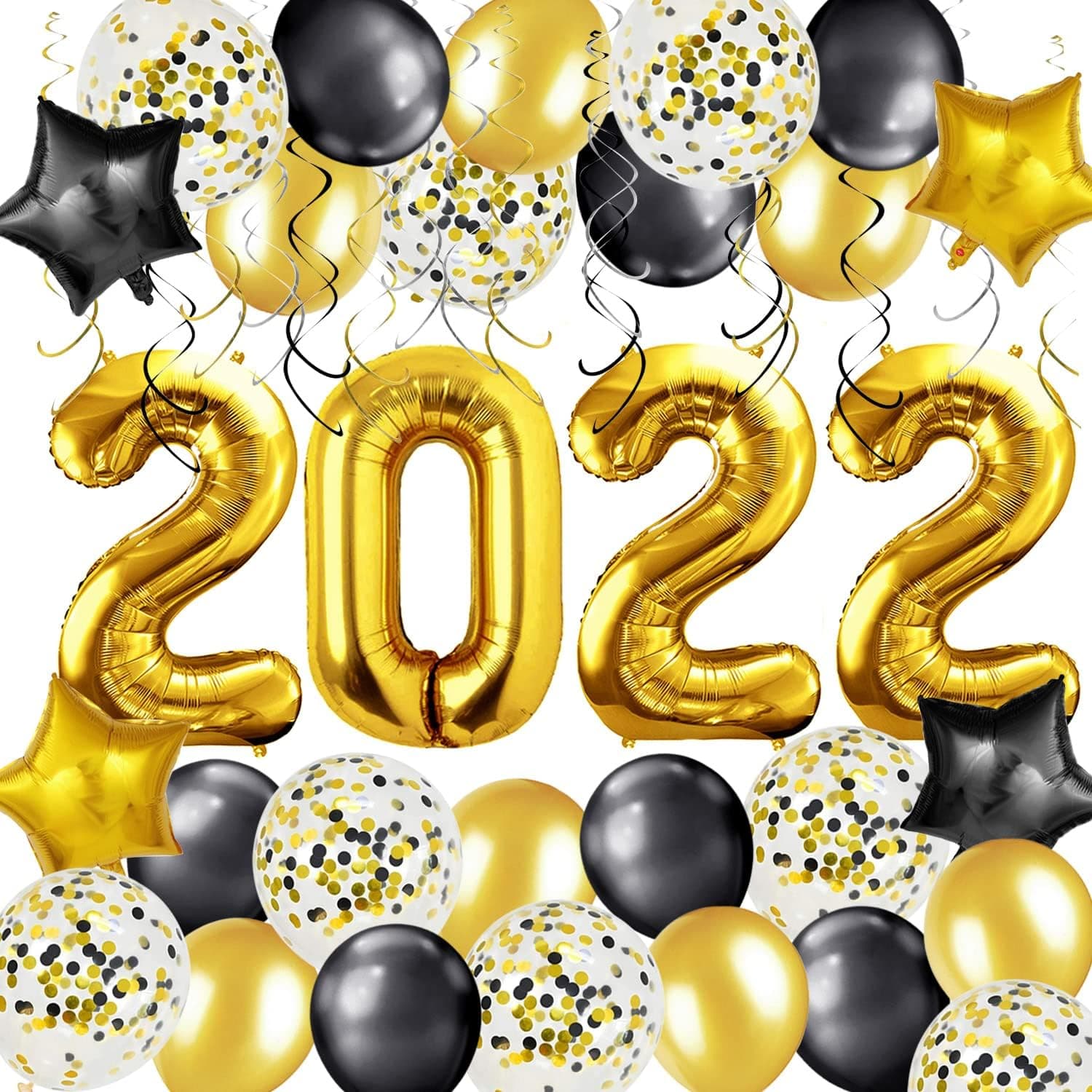 MOVINPE 2022 Graduation Decorations Party Supplies, Giant Gold 2022 Foil Balloons, Black Gold Silvery Hanging Swirls, Star Mylar Balloon Confetti Latex Balloons, for Class of 2022 Decor Kit