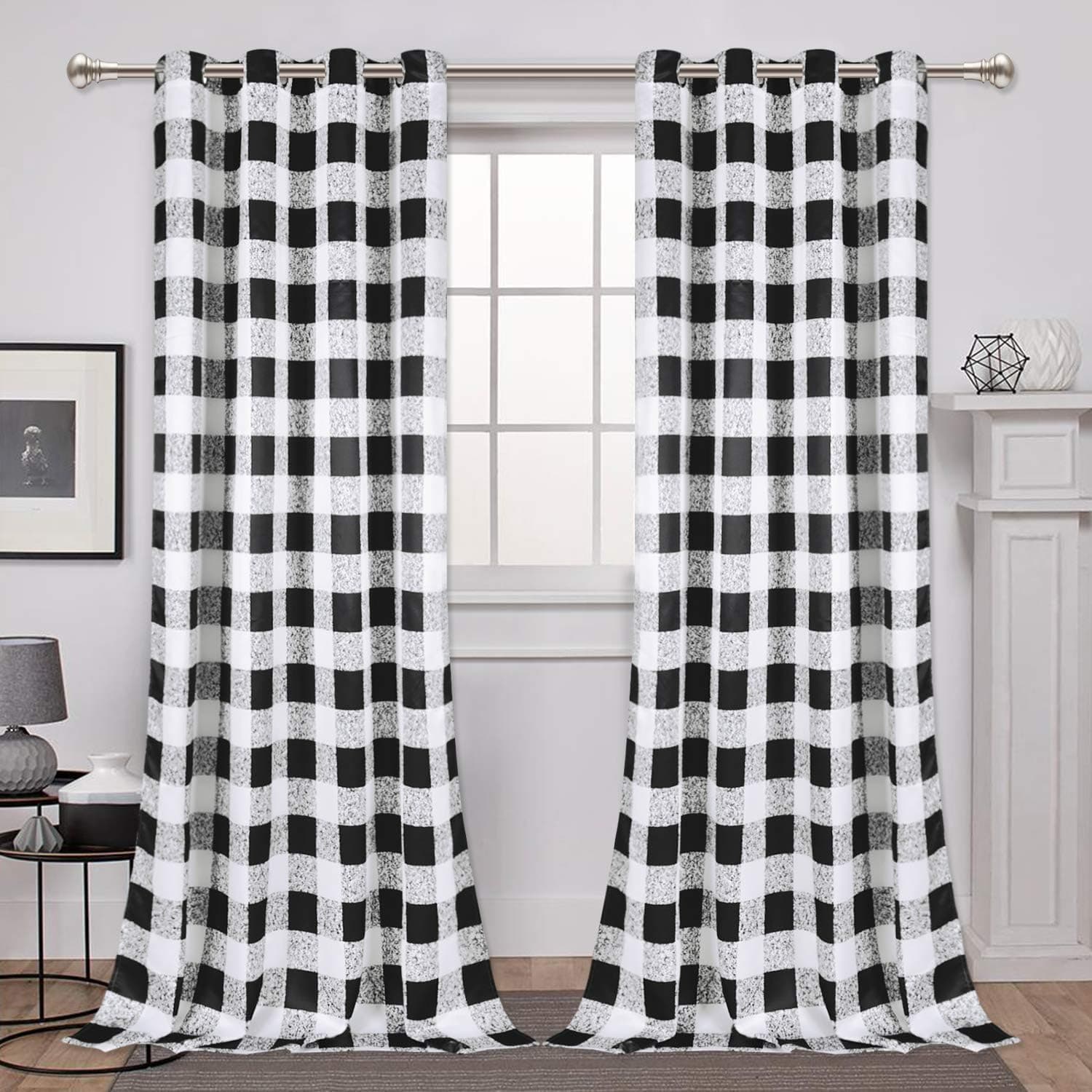 VERTKREA Buffalo Plaid Window Curtain, Check Window Curtain, Checkered Grommet Curtain, Buffalo Checker Curtains, Set of 2 Panels, 52 x 84 Inches, Black