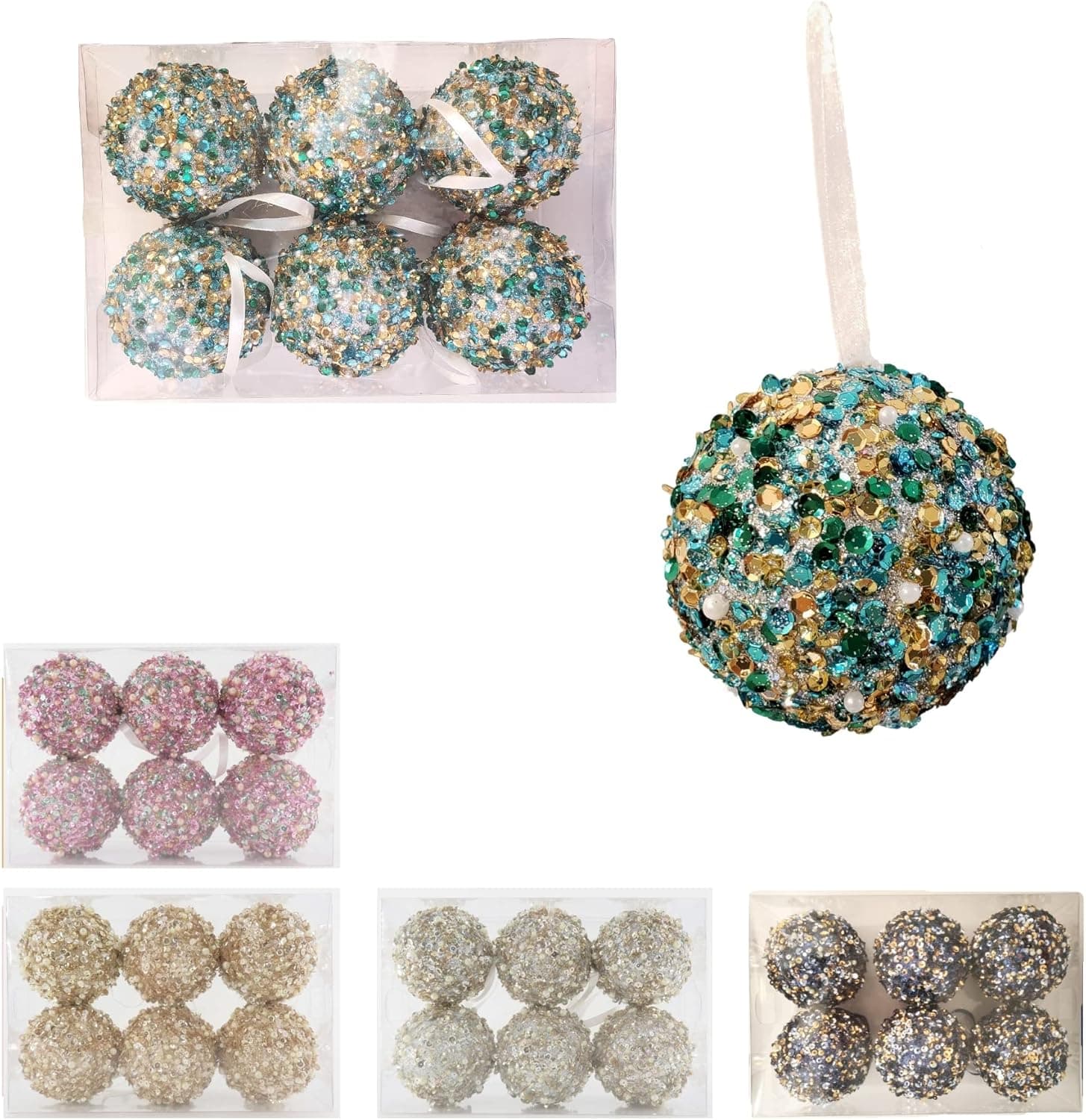 6-Piece Set Glitter Christmas Tree Ornaments, 3.5in/85mm Shatterproof Christmas Decorations, Glitter Sequin Foam Balls for Xmas Trees Wedding Party Holiday Decorations (Aqua)