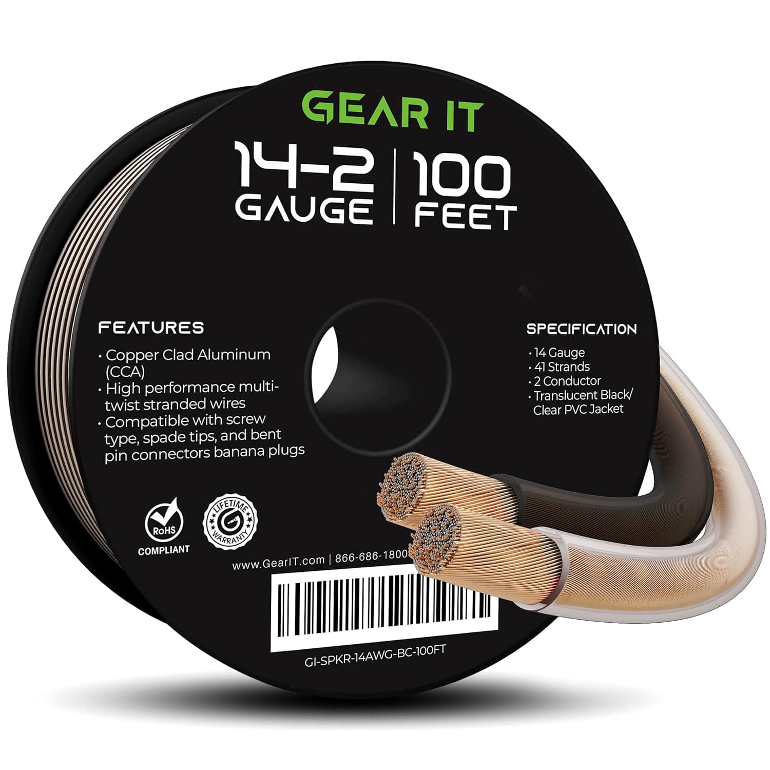 14 Gauge Car Speaker Wire, GearIT Pro Series (100 Feet, Soft Touch Translucent Clear/Black) Copper Clad Aluminum CCA 14 AWG Automotive Car Speaker Wire for Car Stereo, Car Audio Wireing Kit - 100ft