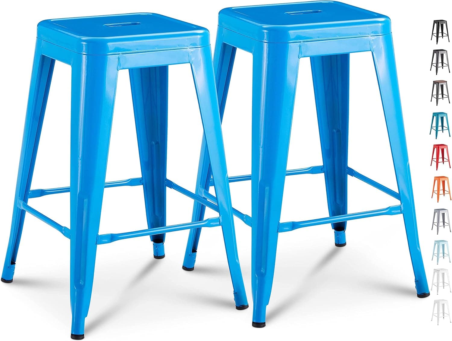 Oline 24 Inch Metal Bar Stools, Indoor/Outdoor Counter Height Industrial Kitchen Stackable Barstools, Set of 2 (Blue)