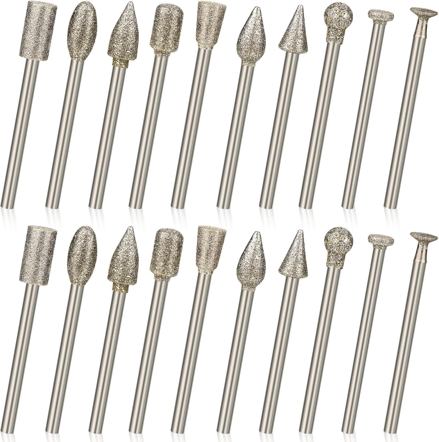 THEKBS 20Pcs Diamond Burr Set, Rotary Grinding Burrs Engraving Bits Set with 1/8-inch Shank Universal Fitment Rotary Tool Accessories for Stone Carving, DIY Grinding, Polishing, Engraving