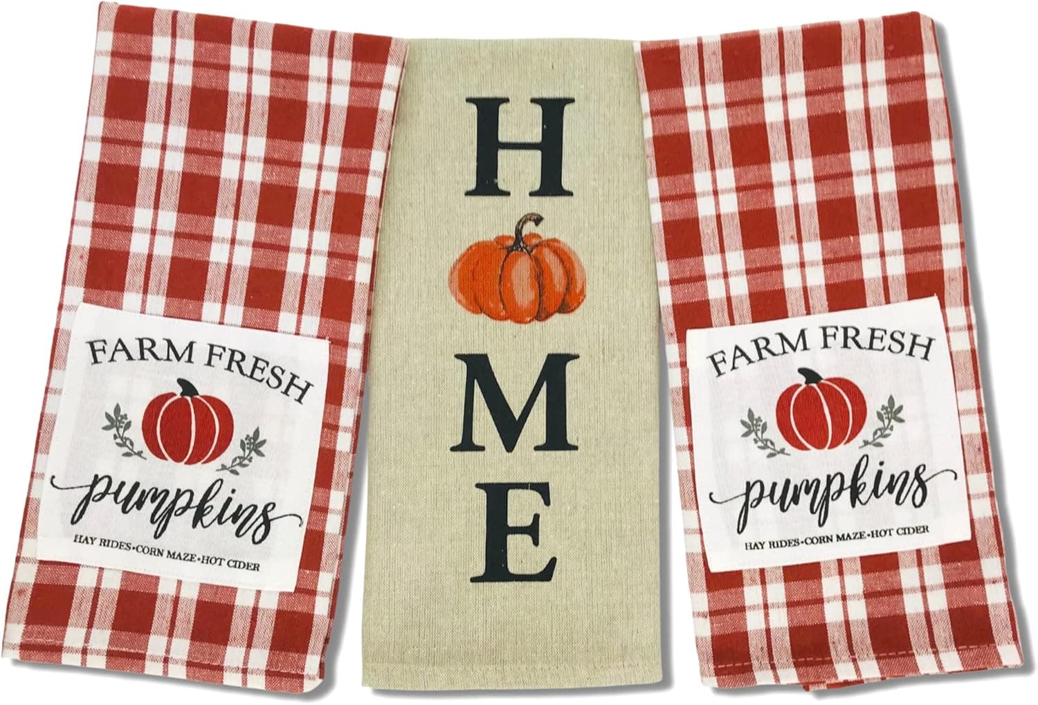 Serafina Home Fall Pumpkin Patch Kitchen Dish Towels Set, 3pc: Colorful Autumn Red Orange Plaid with Farm Fresh Pumpkins Rustic Applique Background.