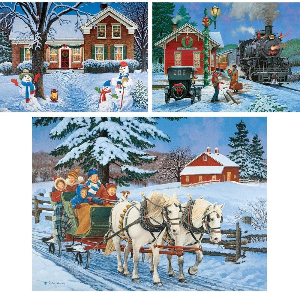 Bits and Pieces - Value Set of Three (3) 1000 Piece Jigsaw Puzzles for Adults - Each Puzzle Measures 20" X 27" - 1000 pc Classic Winter Holiday Jigsaws by Artist John Sloane